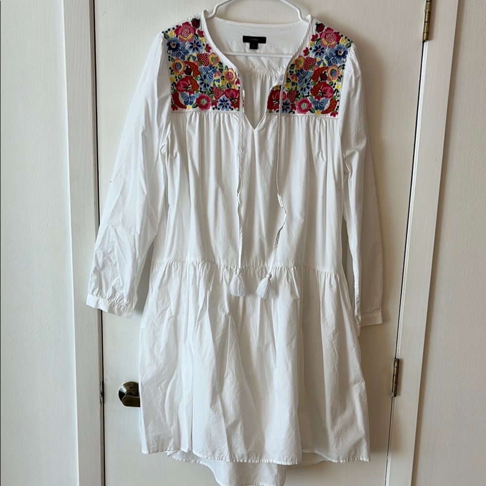 White Drop Waist Dress with Embroidered Flowers